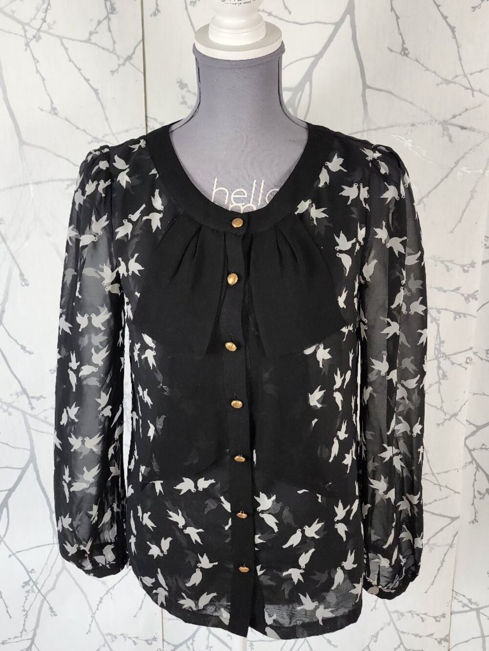 Max C London Black Birds Printed Sheer Button Front Blouse
